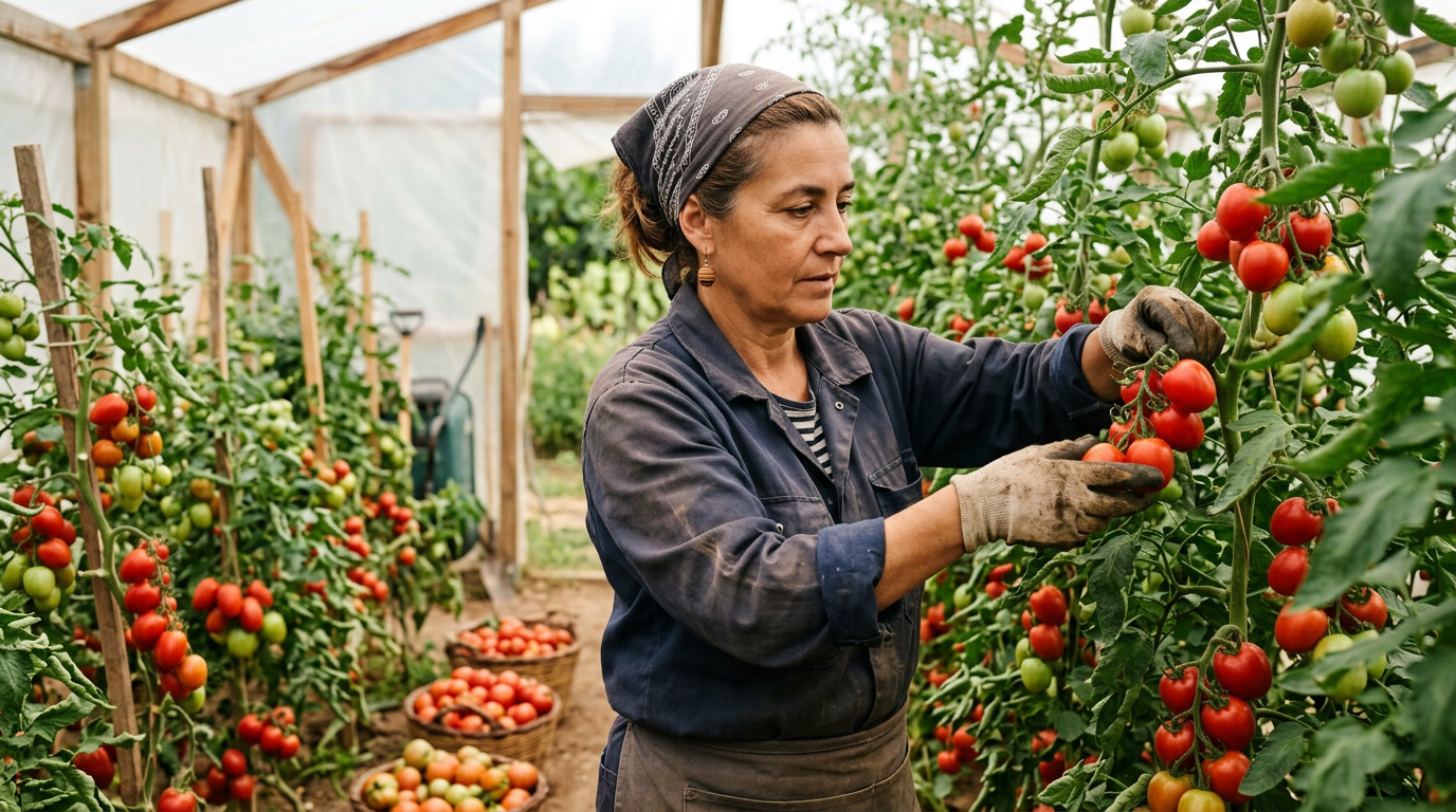 Productora cosechando tomates en invernadero familiar