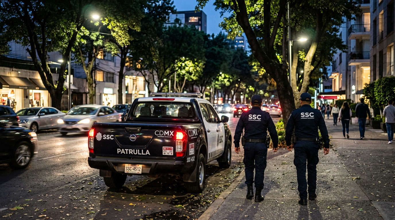 Oficiales patrullando por avenida en Polanco