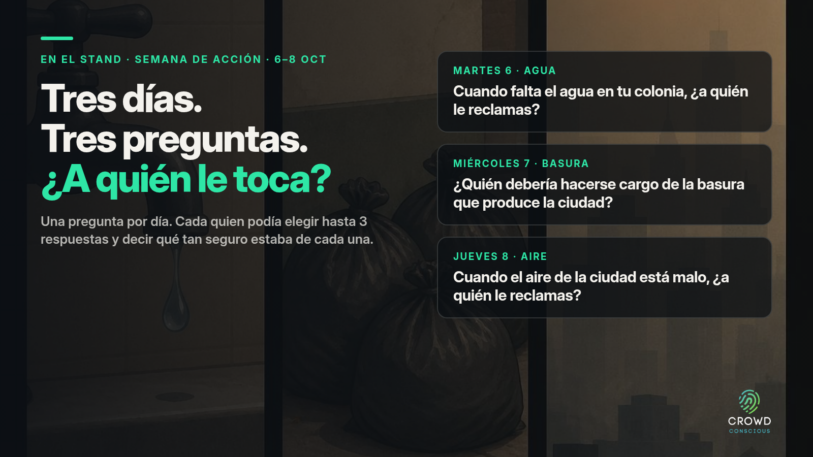 Tarjeta de Crowd Conscious con las tres preguntas de Semana de Acción: agua el martes 6, basura el miércoles 7 y aire el jueves 8 de octubre