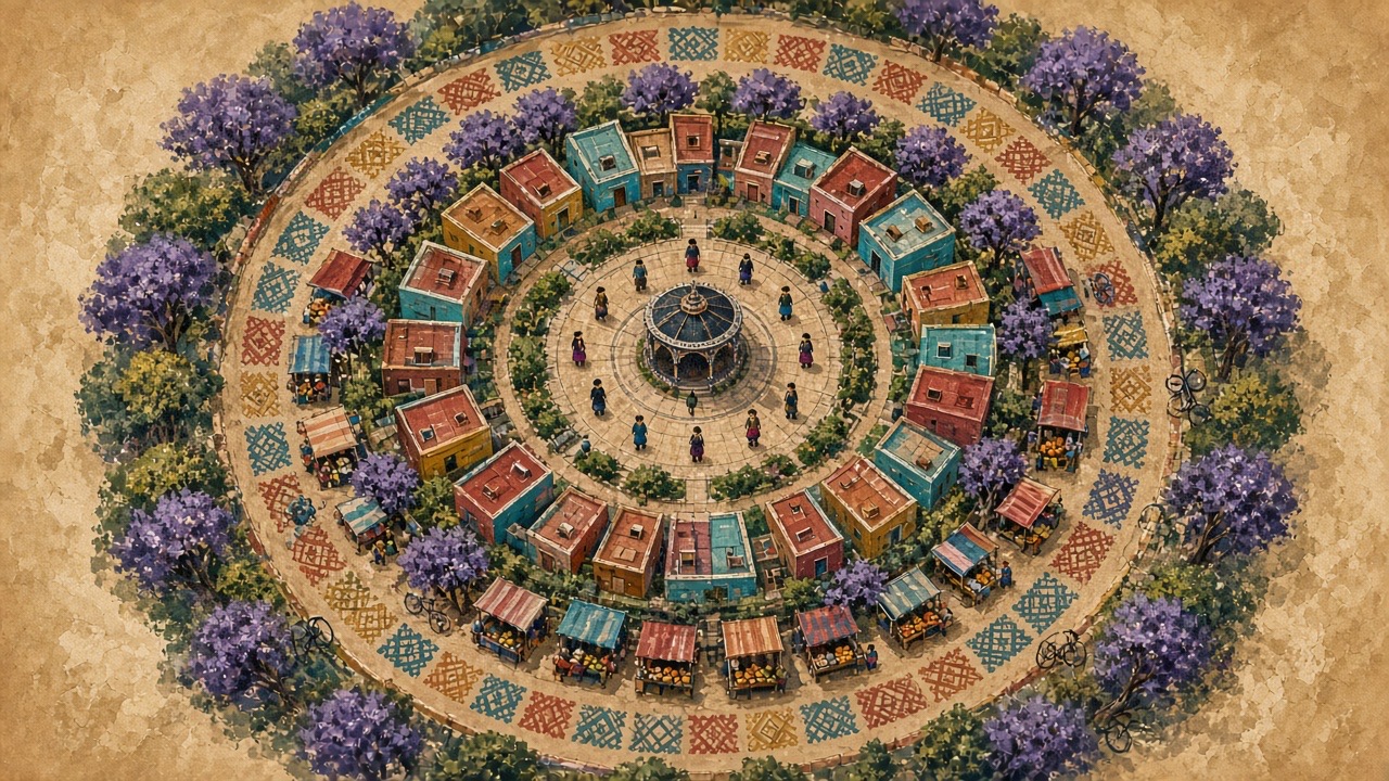 Mandala pintado formado por casas de colores, jacarandas, puestos de mercado y una plaza con kiosco de la Ciudad de México