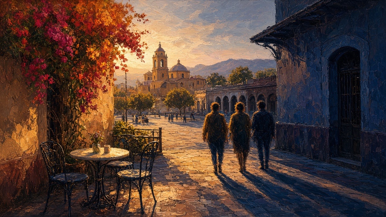 Terraza de café en una plaza colonial mexicana al atardecer, mitad bañada de luz dorada y mitad en sombra azul